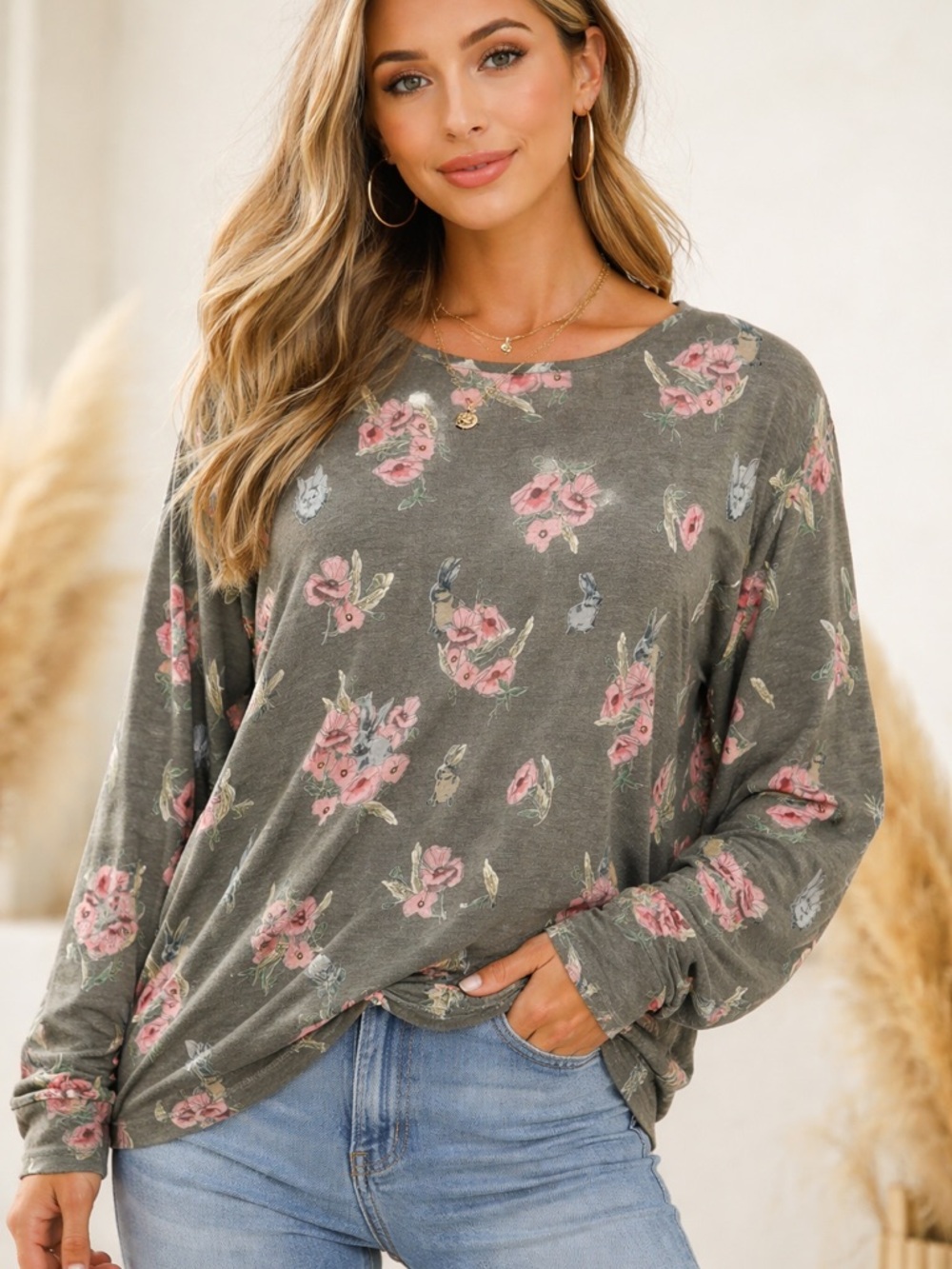 Easel Floral Print Top - Pink and Olive